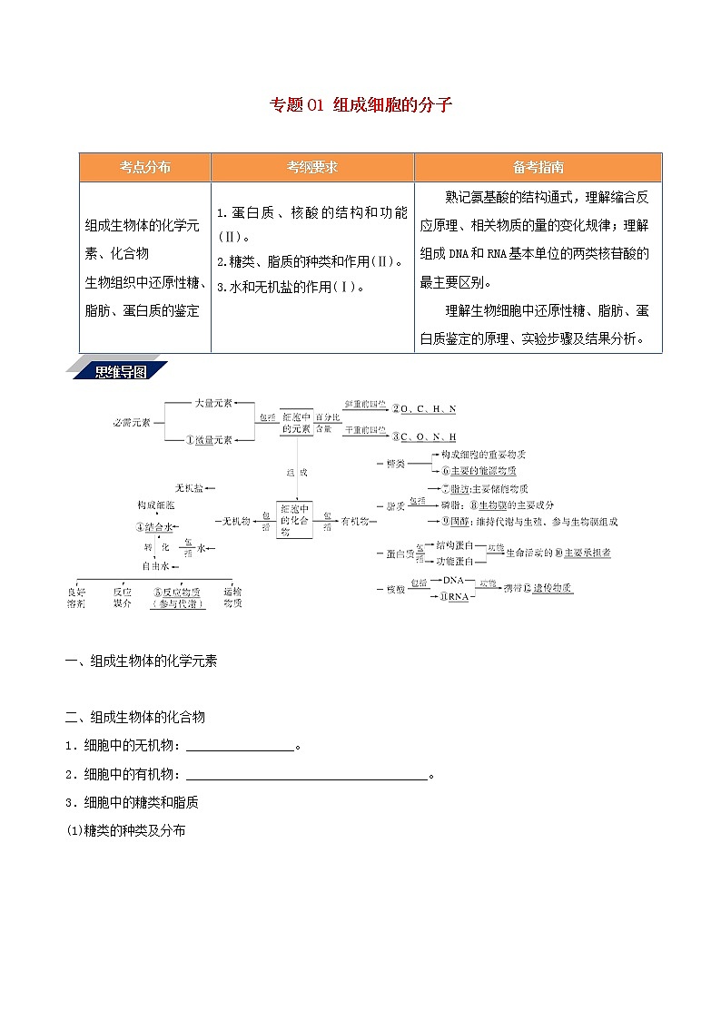 高考生物二轮复习突破专题01《组成细胞的分子》学案（含详解）01