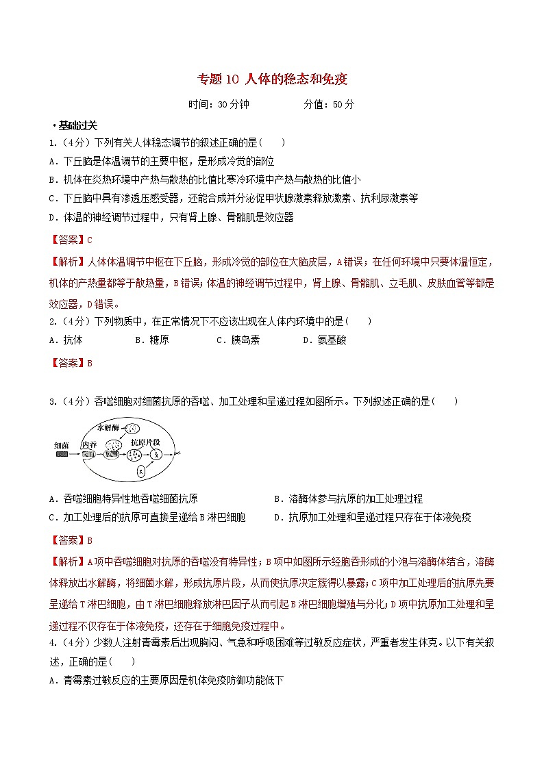 高考生物二轮复习突破专题10《人体的稳态和免疫》押题专练（含详解）第1页
