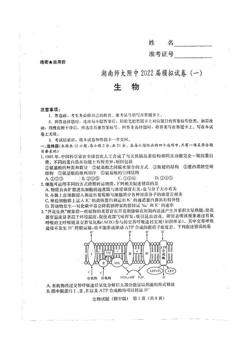 2022湖南师大附中高三下学期一模试题生物PDF版含答案01