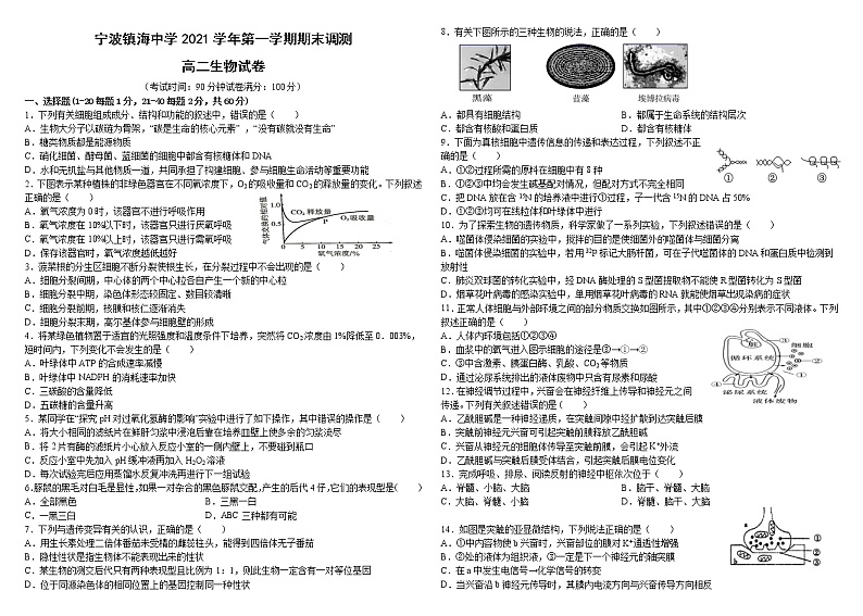 2022宁波镇海中学高二上学期期末考试生物试题无答案01