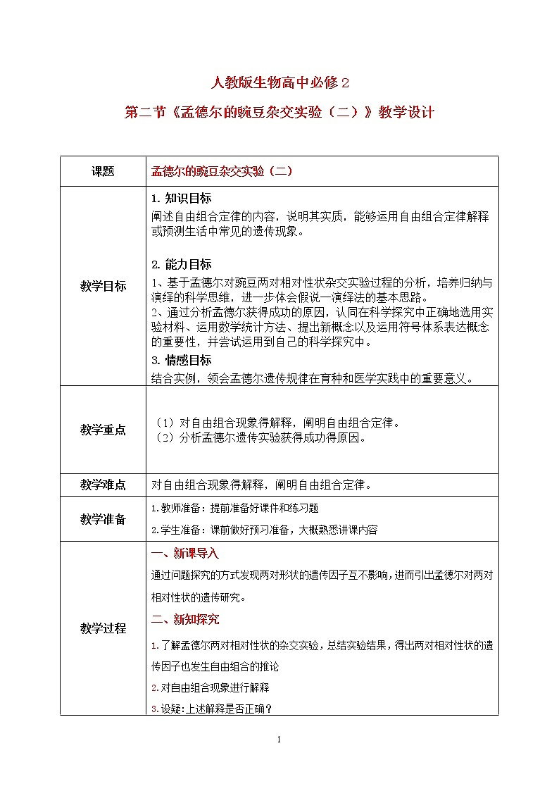 1.2《孟德尔的豌豆杂交实验（二）》课件PPT+教案01