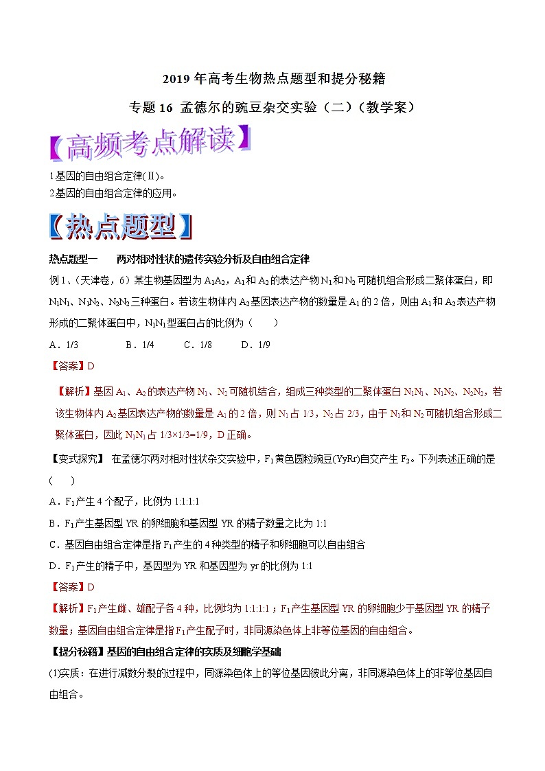 高考生物提分秘籍：专题16《孟德尔的豌豆杂交实验（二）》教学案（含答案）教案01