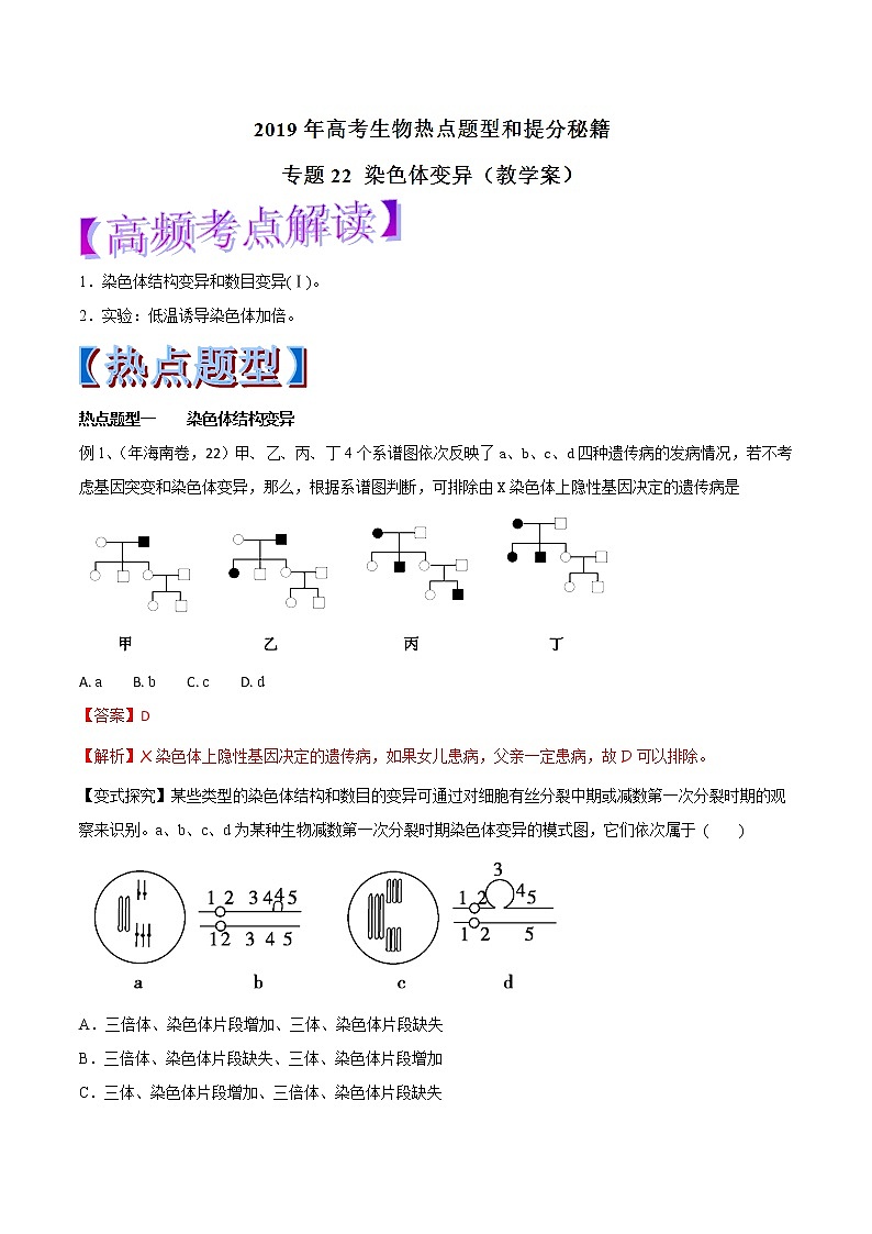高考生物提分秘籍：专题22《染色体变异》教学案（含答案）教案第1页