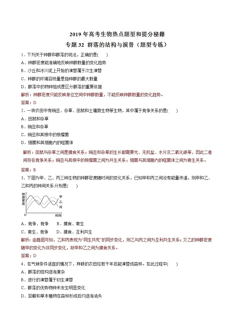高考生物提分秘籍：专题32《群落的结构与演替》热点难点突破（含答案）第1页