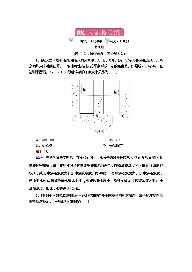 高考生物一轮复习专题训练：专题3《物质出入细胞的方式》（含详解）第1页