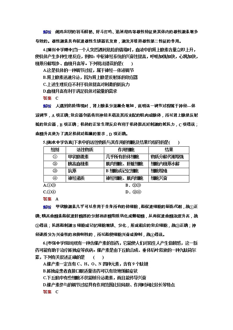 高考生物一轮复习专题训练：专题19《人和高等动物的体液调节》（含详解）第2页