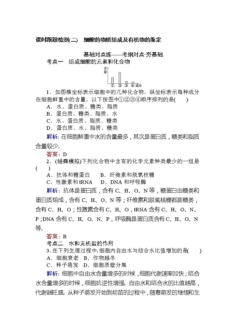 高考生物一轮复习课时跟踪检测：02《细胞的物质组成及有机物的鉴定》（含详解）第1页