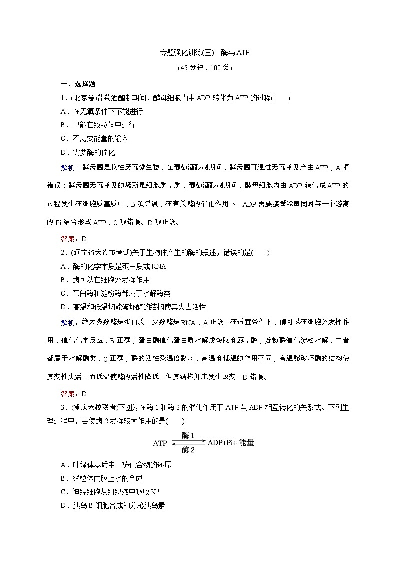 高考生物二轮专题强化训练03《酶与ATP》（含详解）01