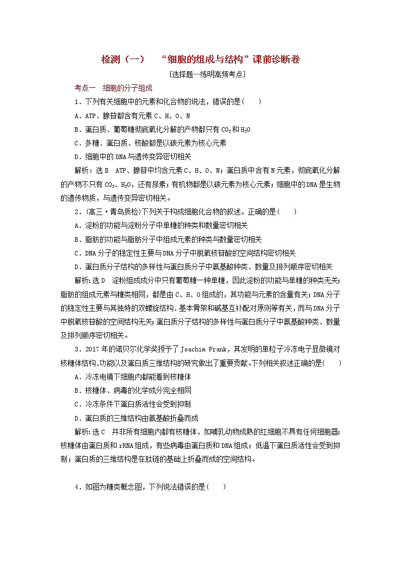 高考生物二轮复习检测01《细胞的组成与结构》课前诊断卷 (含详解)01