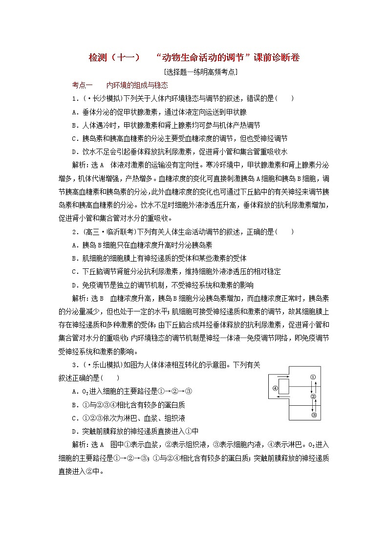 高考生物二轮复习检测11《动物生命活动的调节》课前诊断卷 (含详解)01