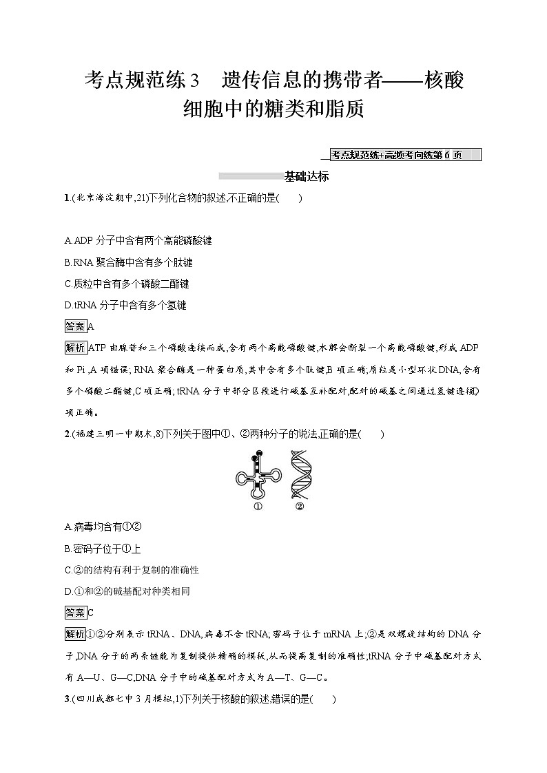 高考生物一轮复习考点规范练03《遗传信息的携带者--核酸　细胞中的糖类和脂质》（含详解）第1页