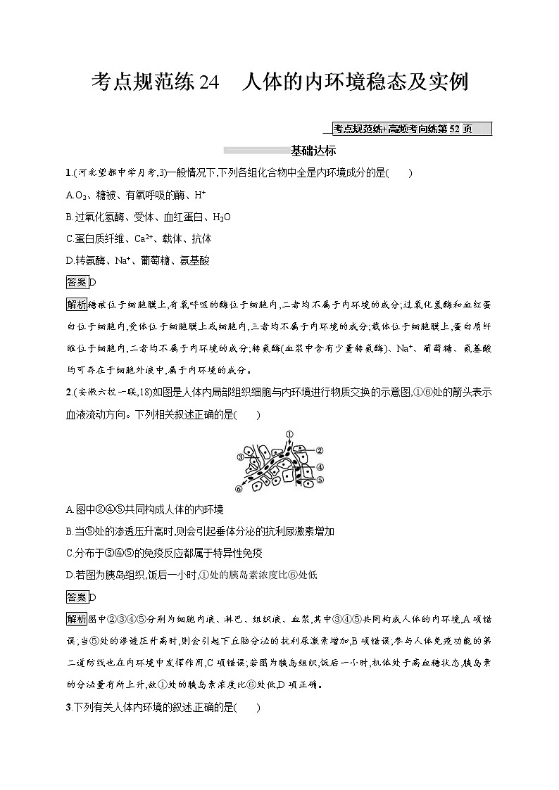 高考生物一轮复习考点规范练24《人体的内环境稳态及实例》（含详解）第1页