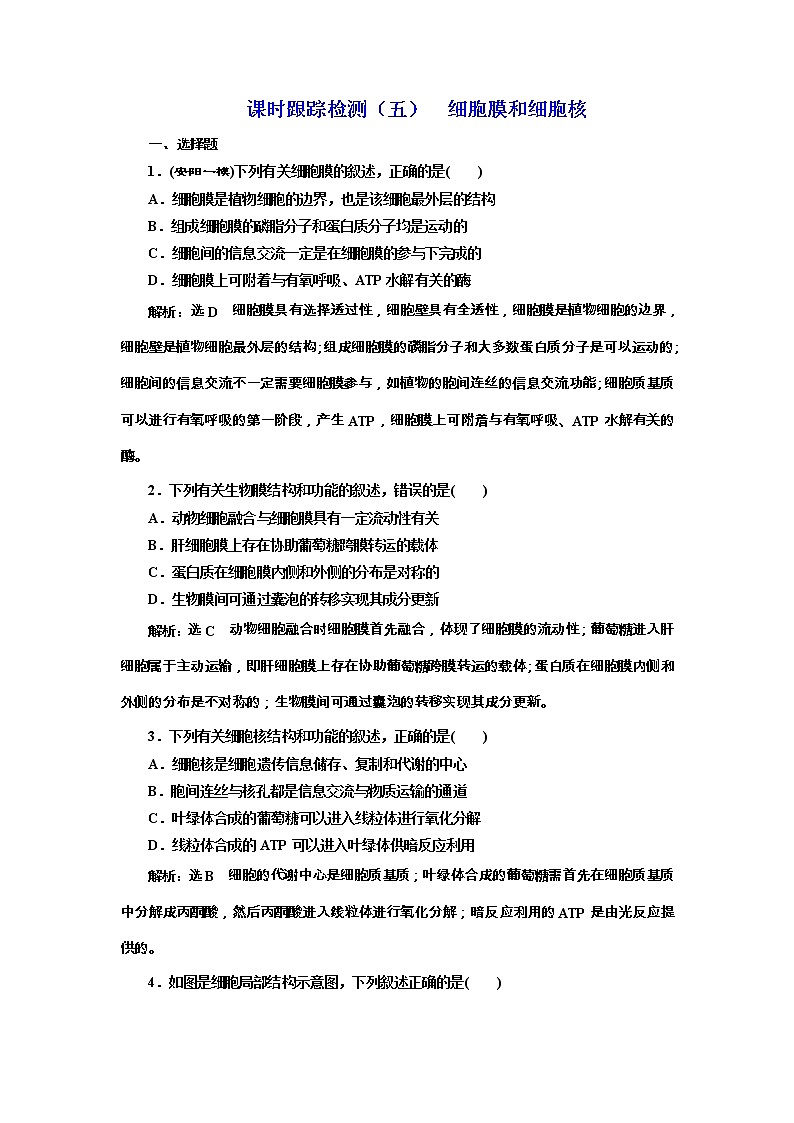 高考生物一轮课时跟踪检测05《细胞膜和细胞核》（含详解）第1页