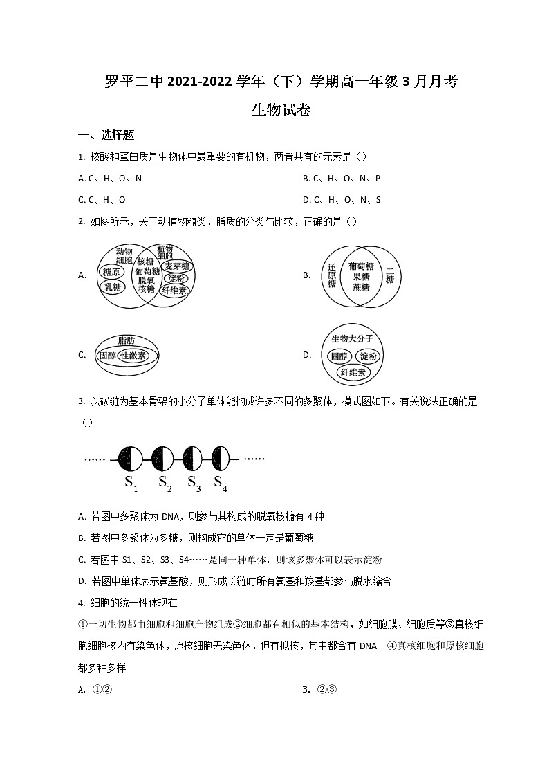 2022曲靖罗平县二中高一下学期3月月考生物试题含答案01