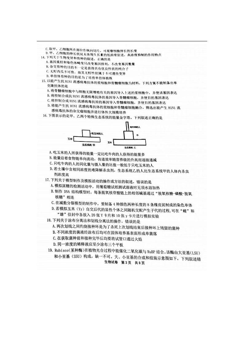 2021年浙江宁波市高三二模试生物卷及解析03