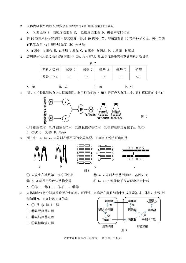 2020年上海市长宁区一模生物试卷和参考答案03