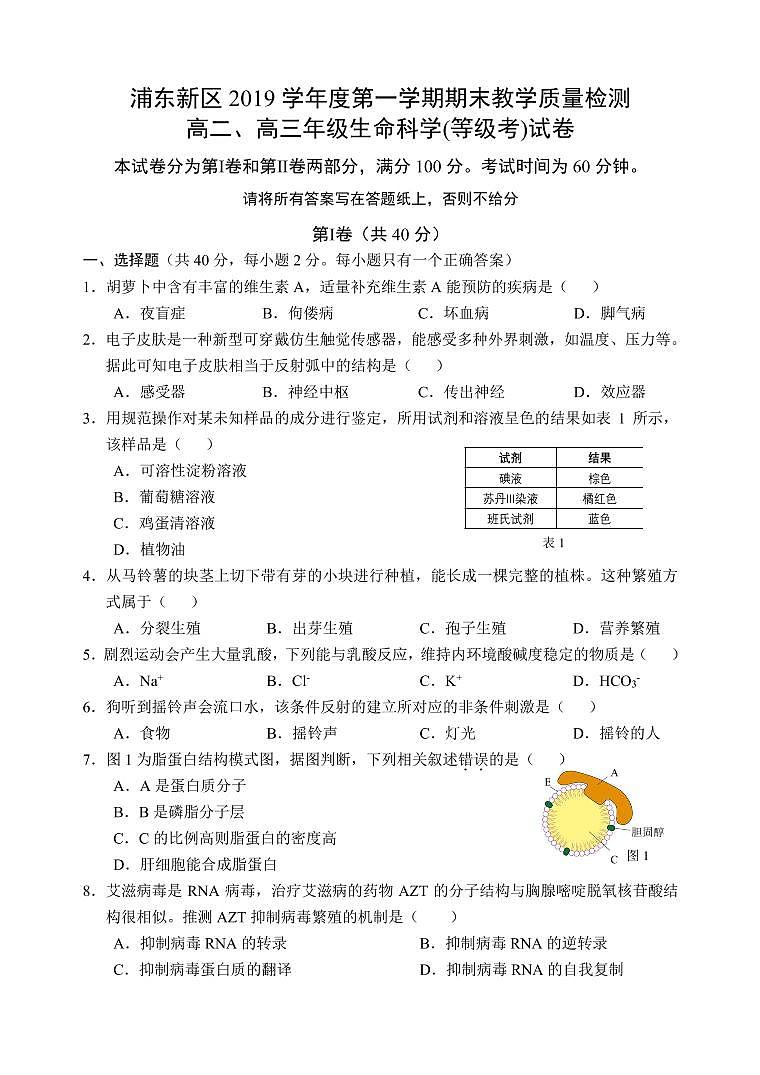 2020年上海浦东新区一模生物试卷和参考答案01
