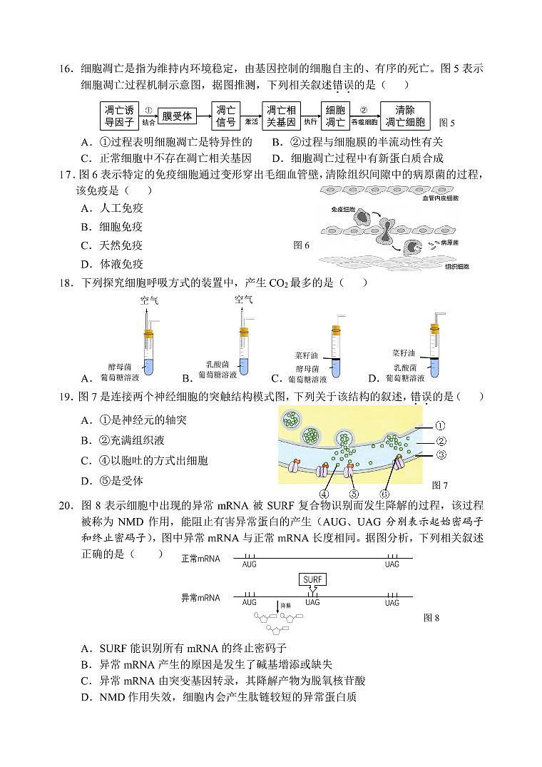 2020年上海浦东新区一模生物试卷和参考答案03