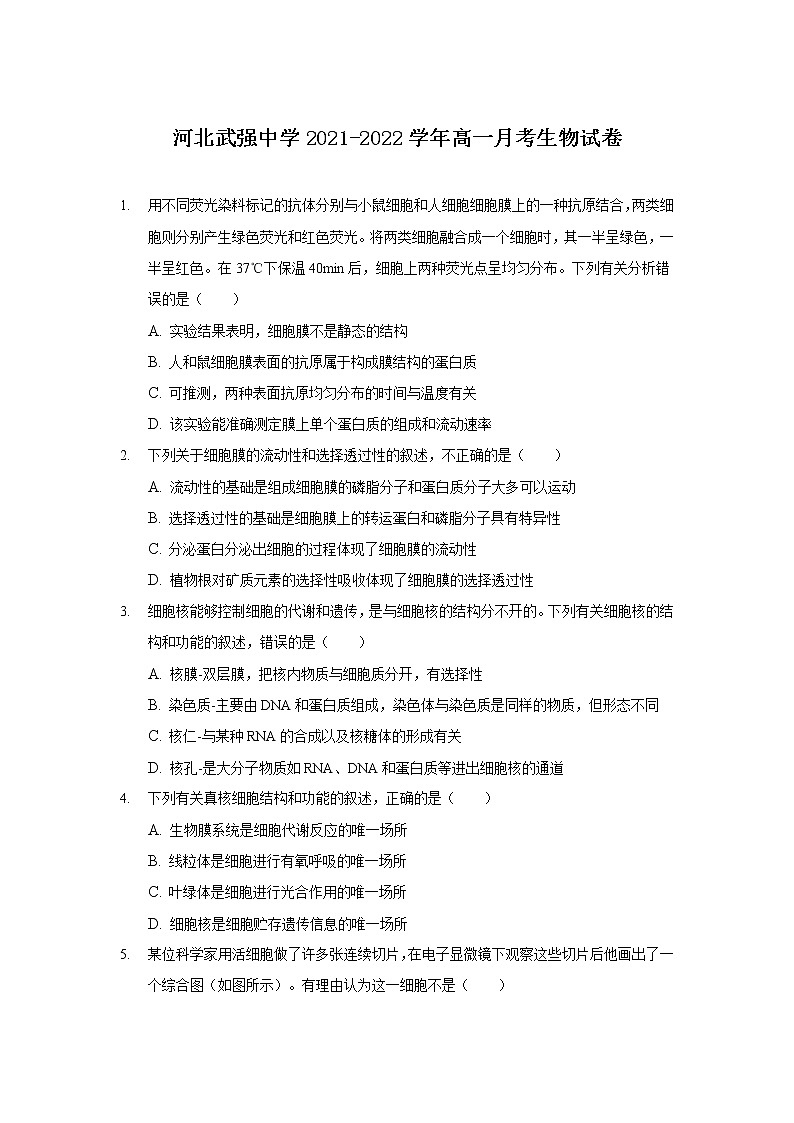 2021-2022学年河北武强中学高一月考生物试卷含答案第1页