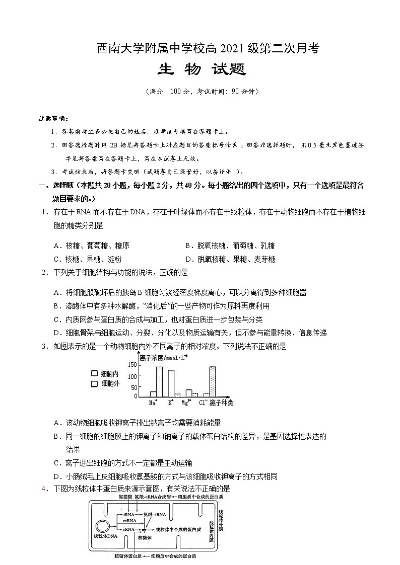 2021届重庆市北碚区西南大学附属中学高三上学期10月第二次月考生物试题含答案第1页