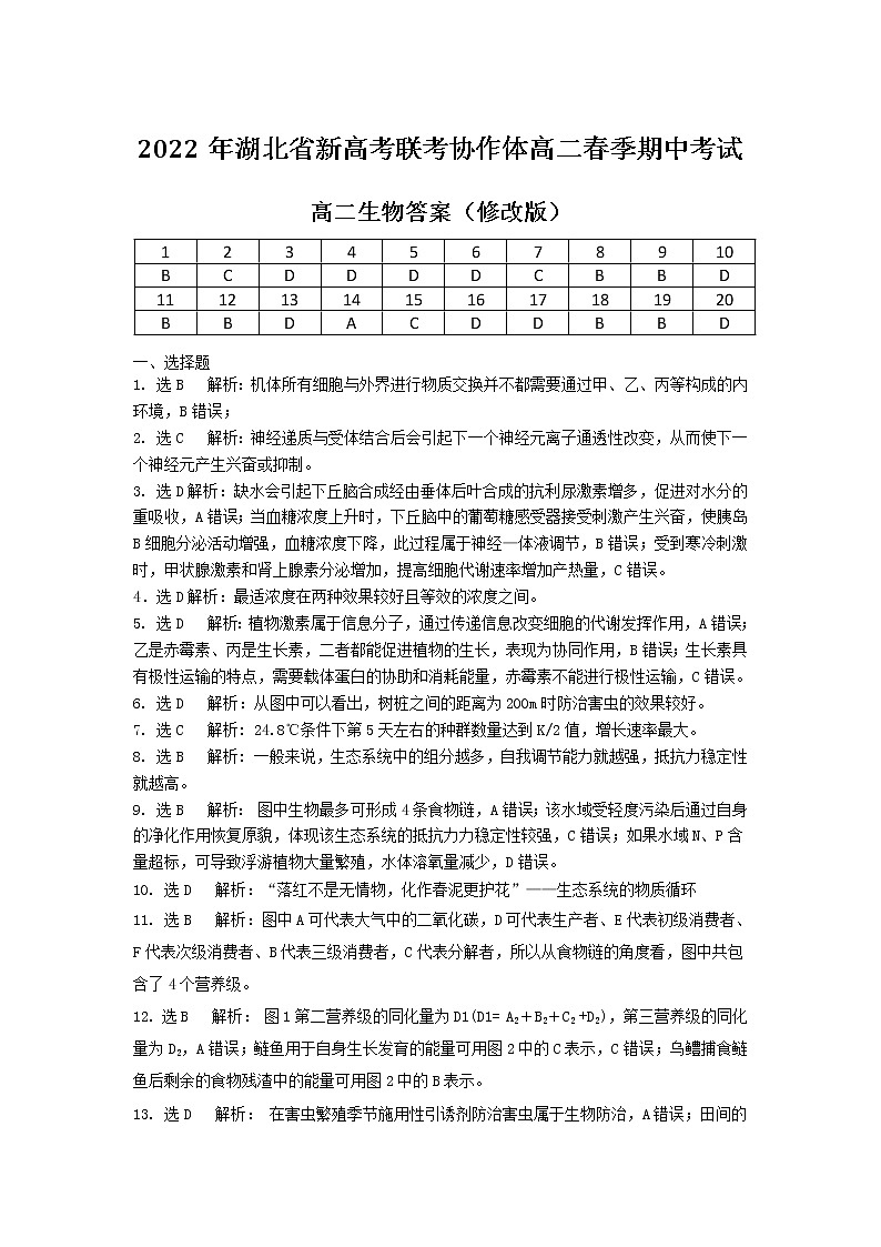 湖北省新高考联考协作体2021-2022学年高二下学期期中考试生物试题答案第1页
