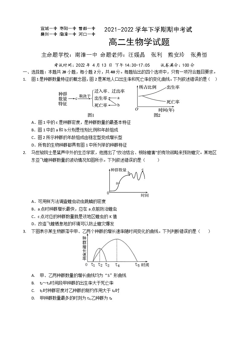 湖北省鄂西六校2021-2022学年高二下学期期中联考生物试卷Word版第1页