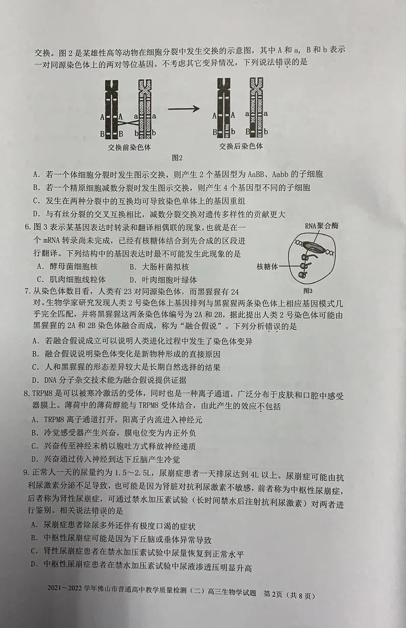 2022年4月广东省佛山市2022届高三普通高中高三教学质量检测二（二模）生物试题含答案02