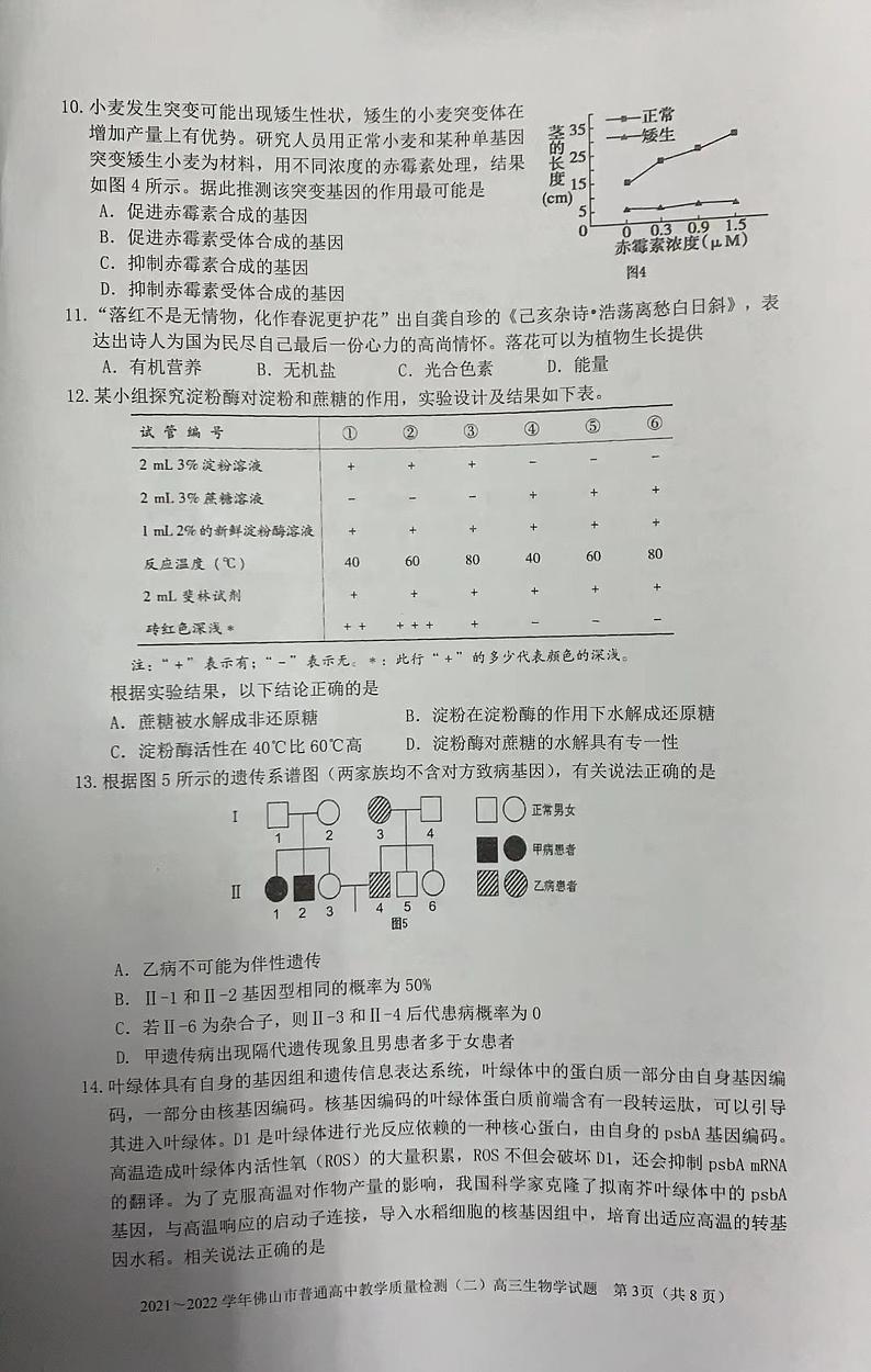 2022年4月广东省佛山市2022届高三普通高中高三教学质量检测二（二模）生物试题含答案03