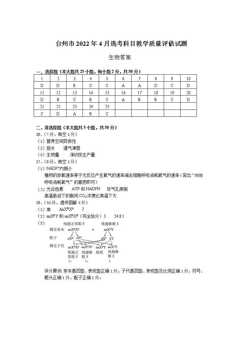 浙江省台州市2022届高三下学期4月二模考试 生物 Word版含答案练习题01