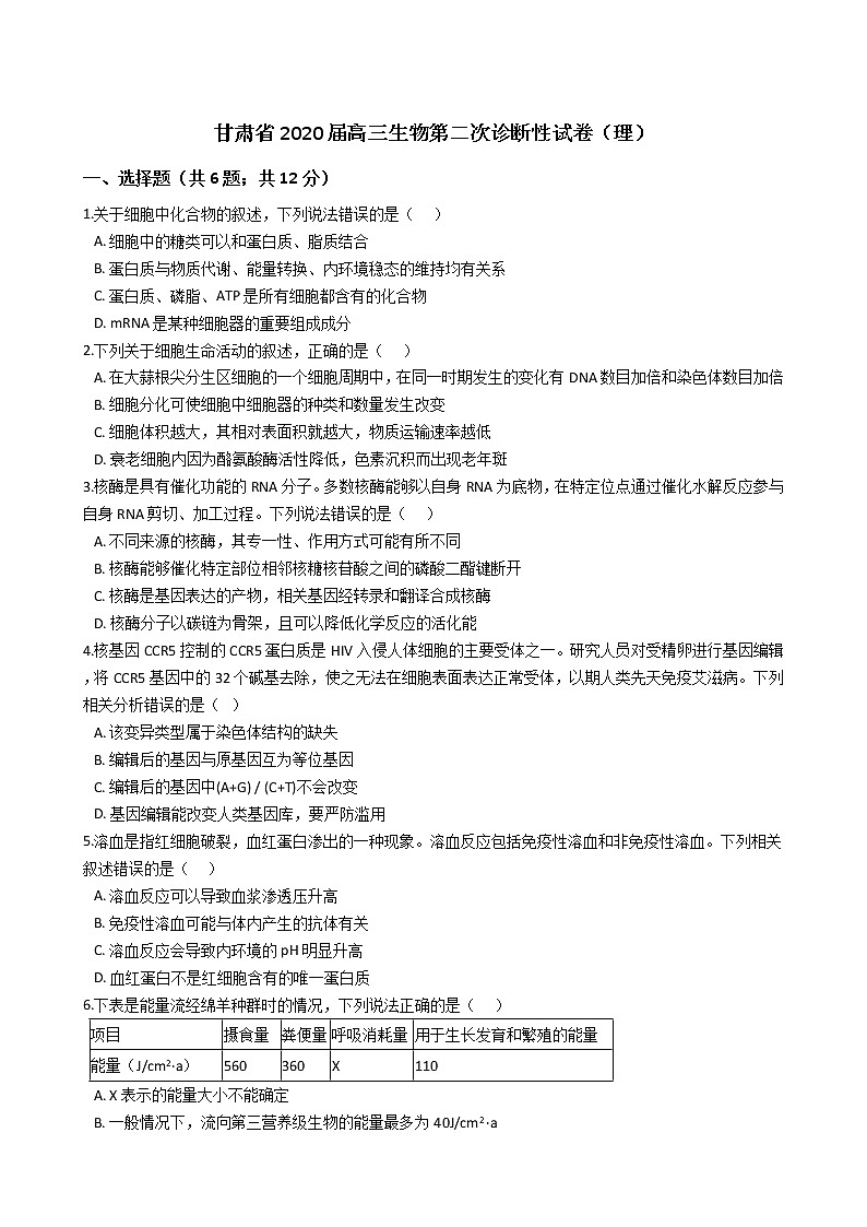 甘肃省2020届高三生物第二次诊断性试卷（理）(学生版)第1页