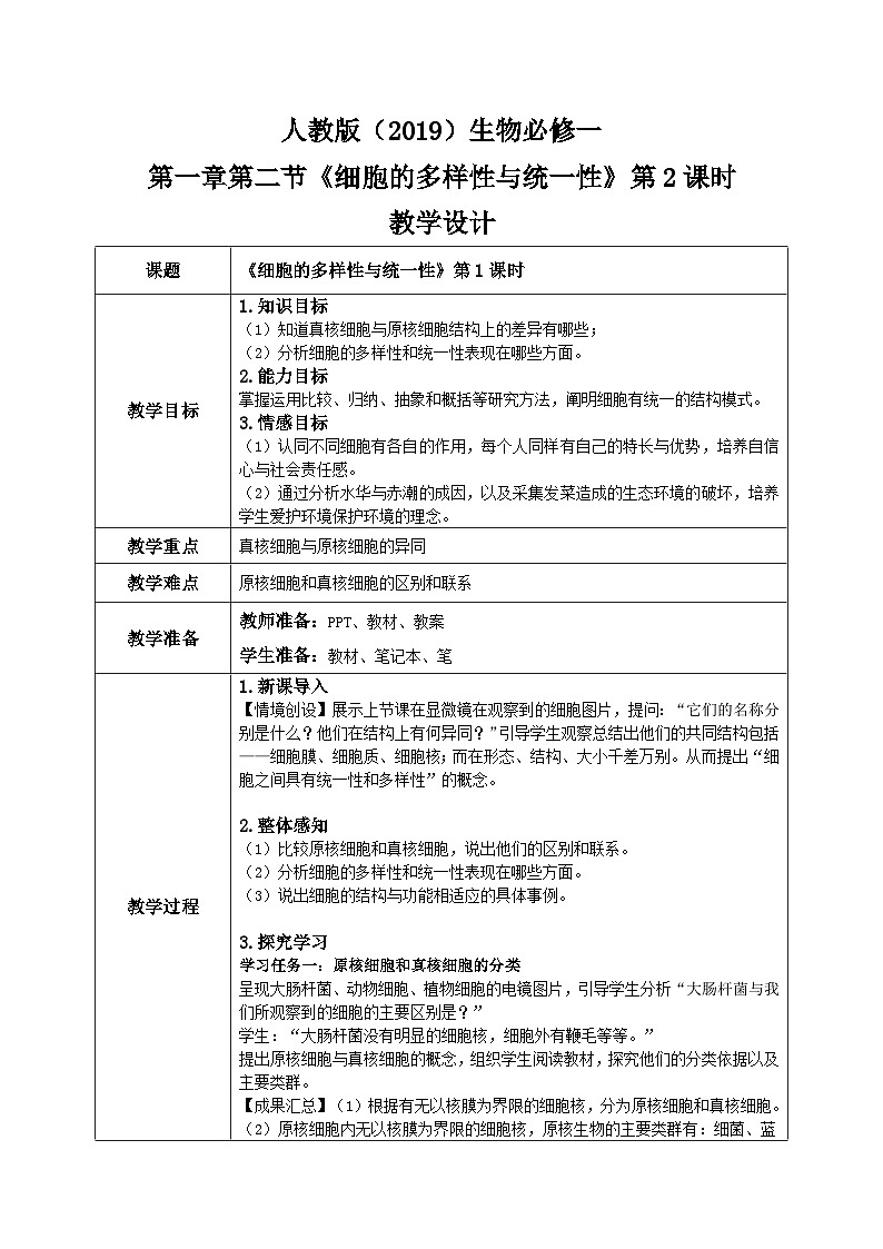 1.2.2.《细胞的多样性与统一性》第2课时课件+教案+练习01