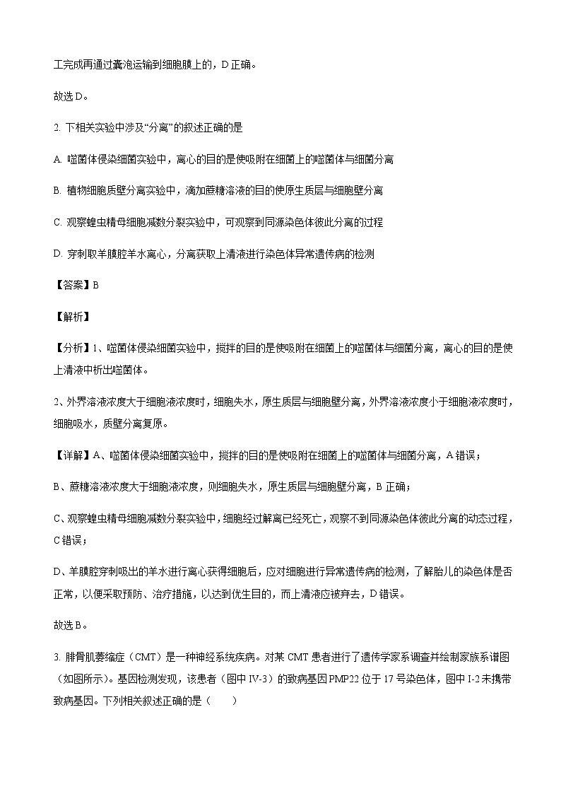 2022届陕西省西安中学高三第二次模拟考试理综生物试题含解析02
