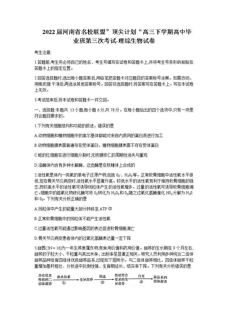 2022届河南省名校联盟”顶尖计划“高三下学期高中毕业班第三次考试-理综生物试卷含答案01