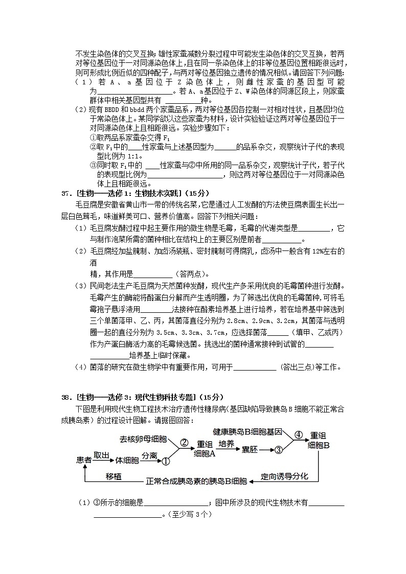 2022黄山高三下学期第二次质量检测（二模）理综生物含答案03