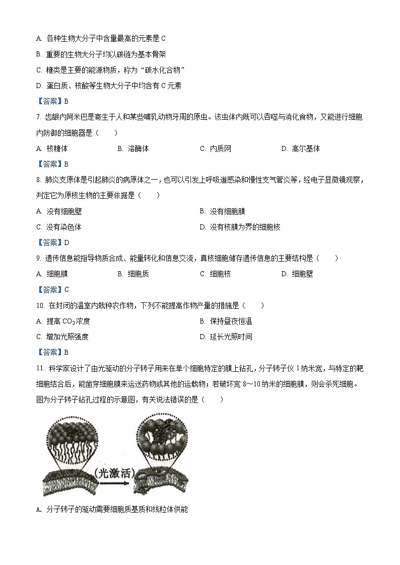 2022福州高一上学期期末生物试题含答案02