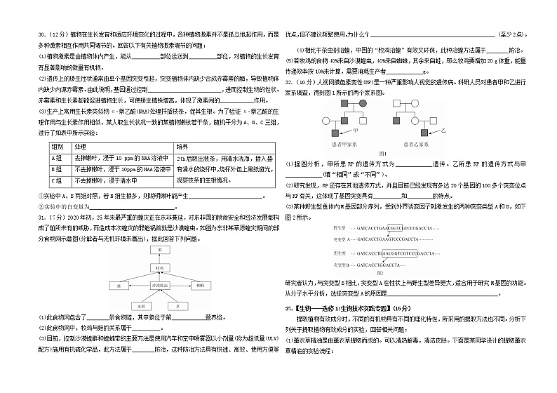 宁夏中卫市2021届高三下学期第三次模拟考试理综-生物试题 Word版含答案02