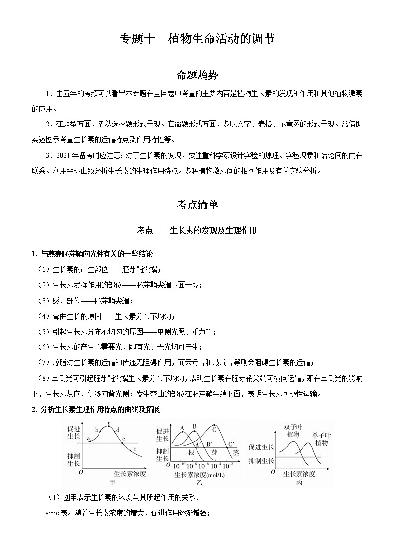 2022年高考生物二轮复习 专题十 植物生命活动的调节（新高考）教师版第1页