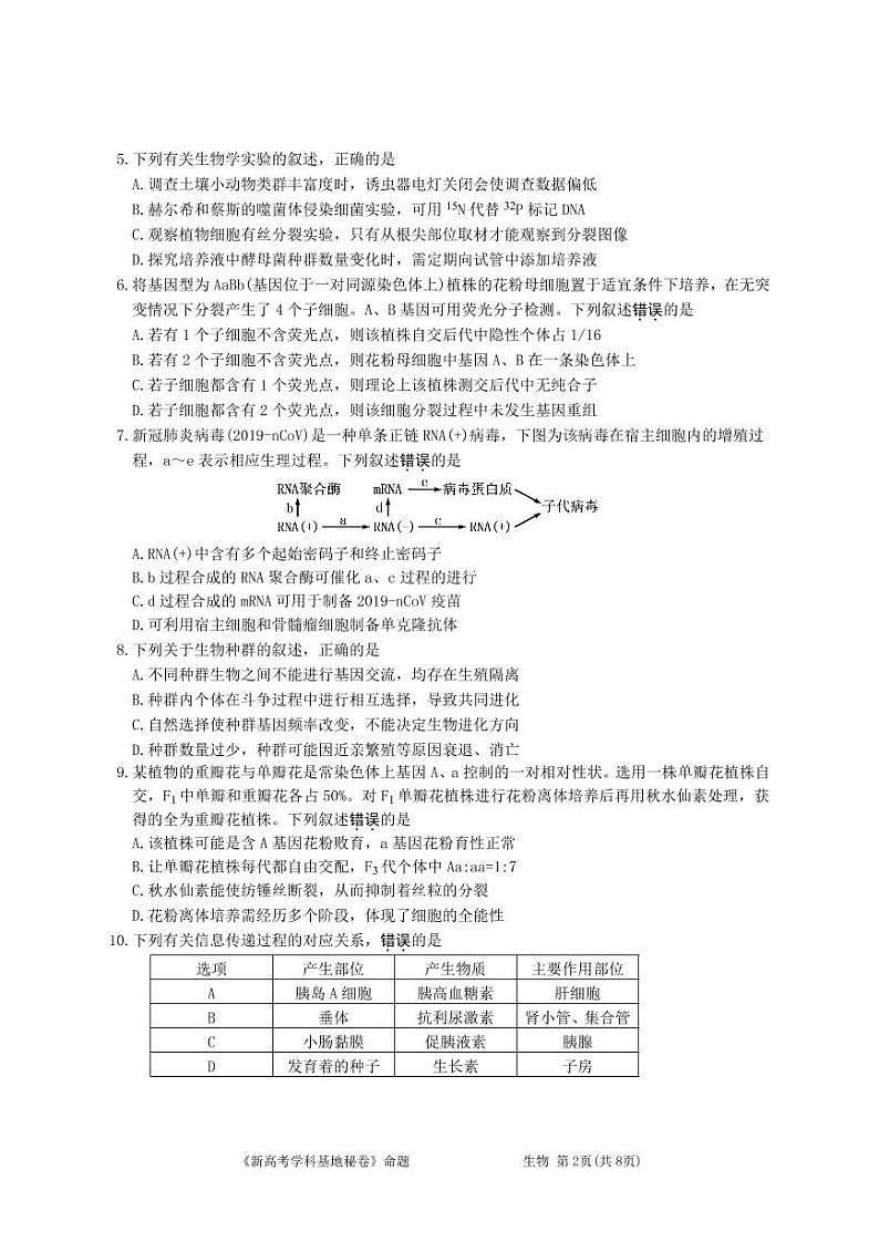 2022南通新高考基地学校高三下学期第四次大联考试题（正稿）生物PDF版含答案（可编辑）02