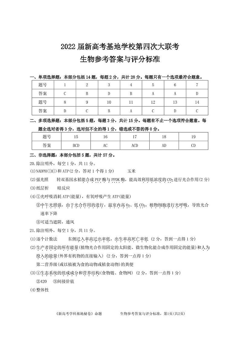 2022南通新高考基地学校高三下学期第四次大联考试题（正稿）生物PDF版含答案（可编辑）01