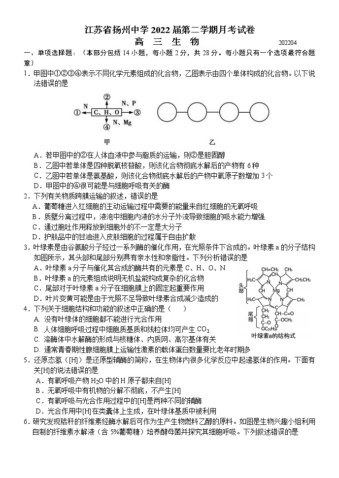 江苏省扬州中学2021-2022学年高三下学期二模测试生物试题（4月）（含答案）01
