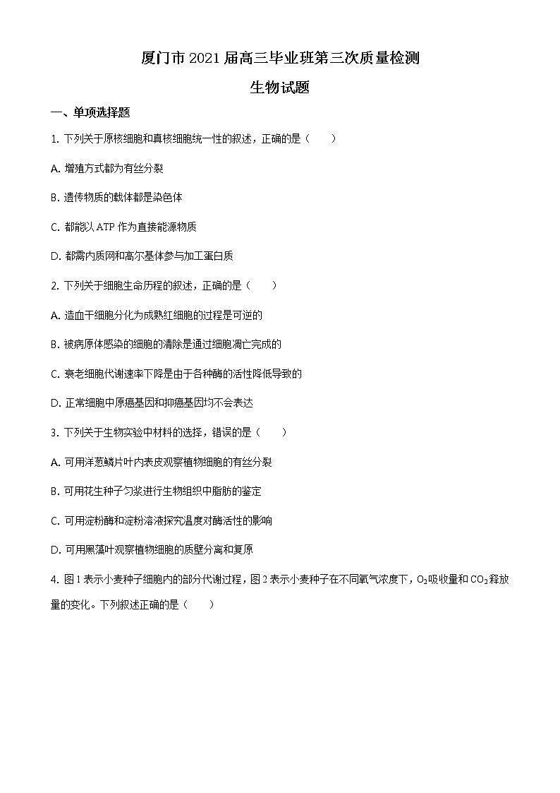 2021届福建省厦门市高三三模生物练习题01