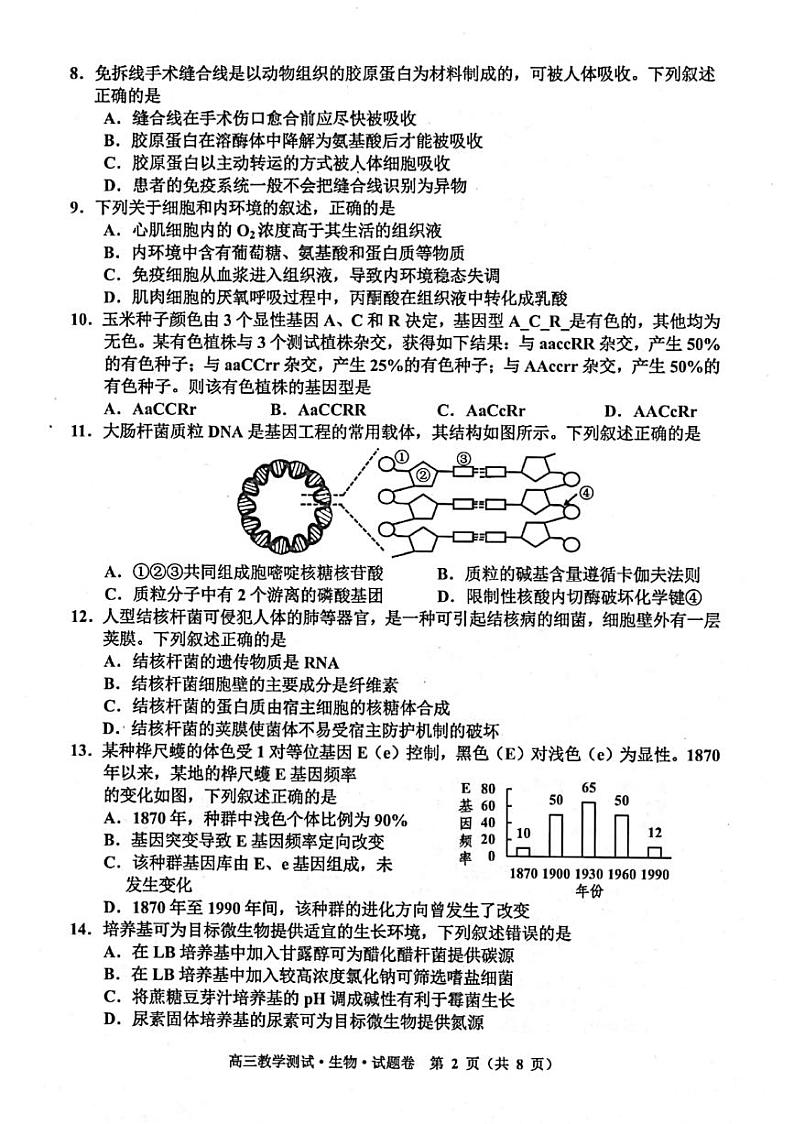 2022嘉兴高三下学期4月教学测试（二模）生物PDF版含答案02