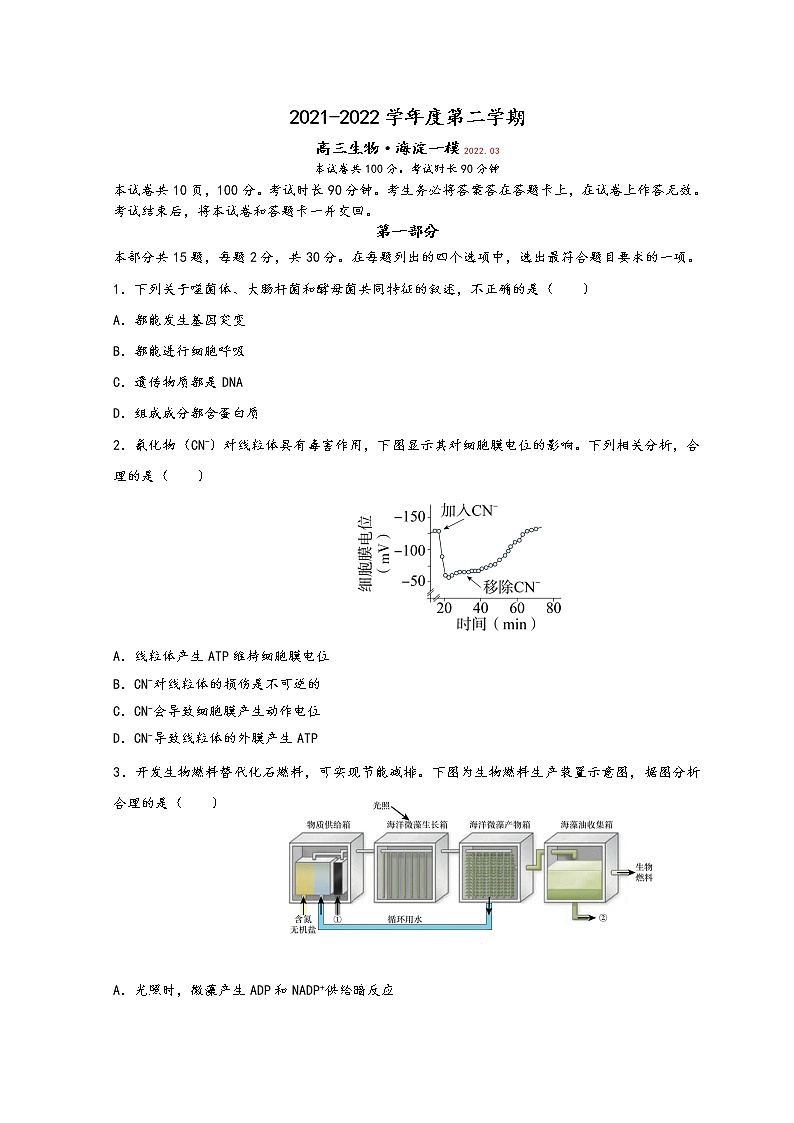 2022北京海淀区高三下学期一模考试生物试题含答案01