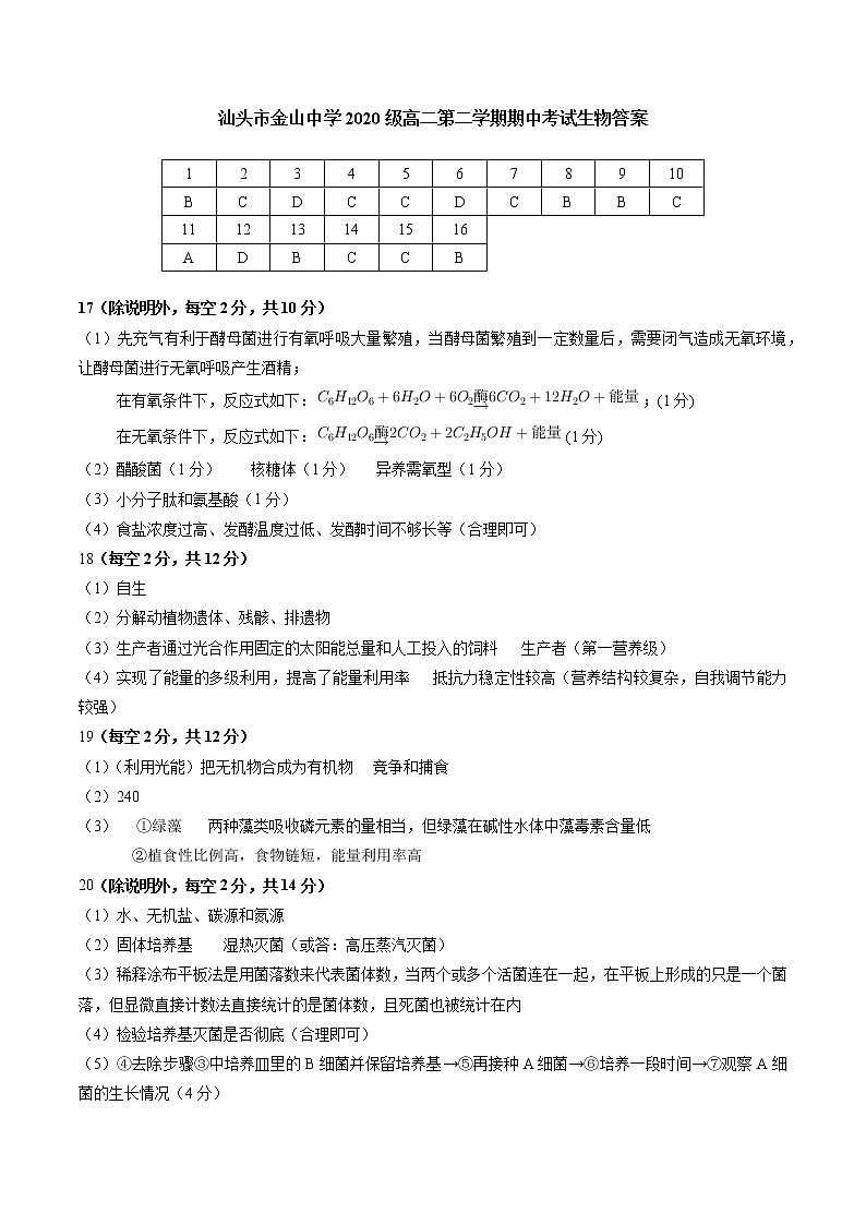 2022汕头金山中学高二下学期期中考试生物含答案01