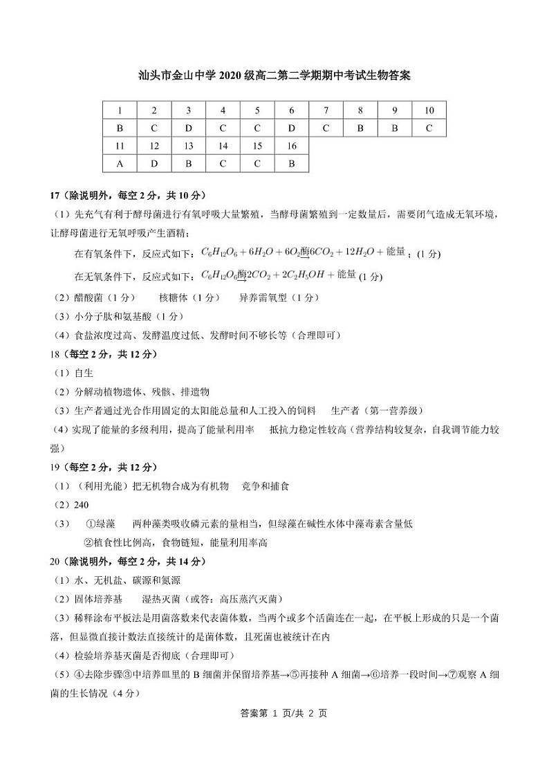 2022汕头金山中学高二下学期期中考试生物含答案01