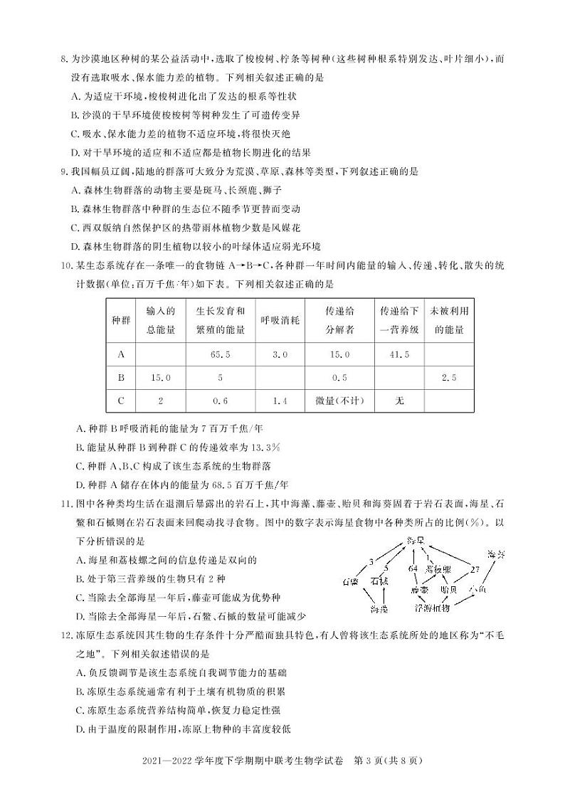 武汉市部分重点中学2021-2022学年度高二下学期期中联考高二生物试卷第3页