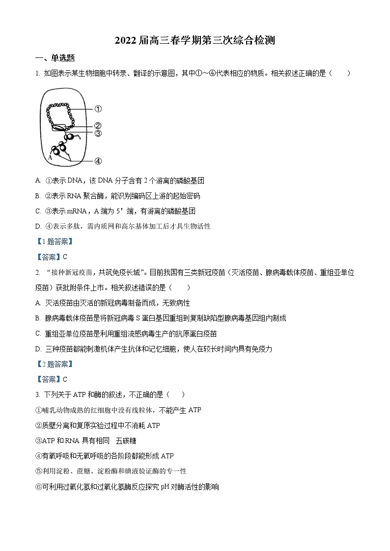 2022盐城阜宁中学高三下学期第三次综合测试生物试题含答案第1页