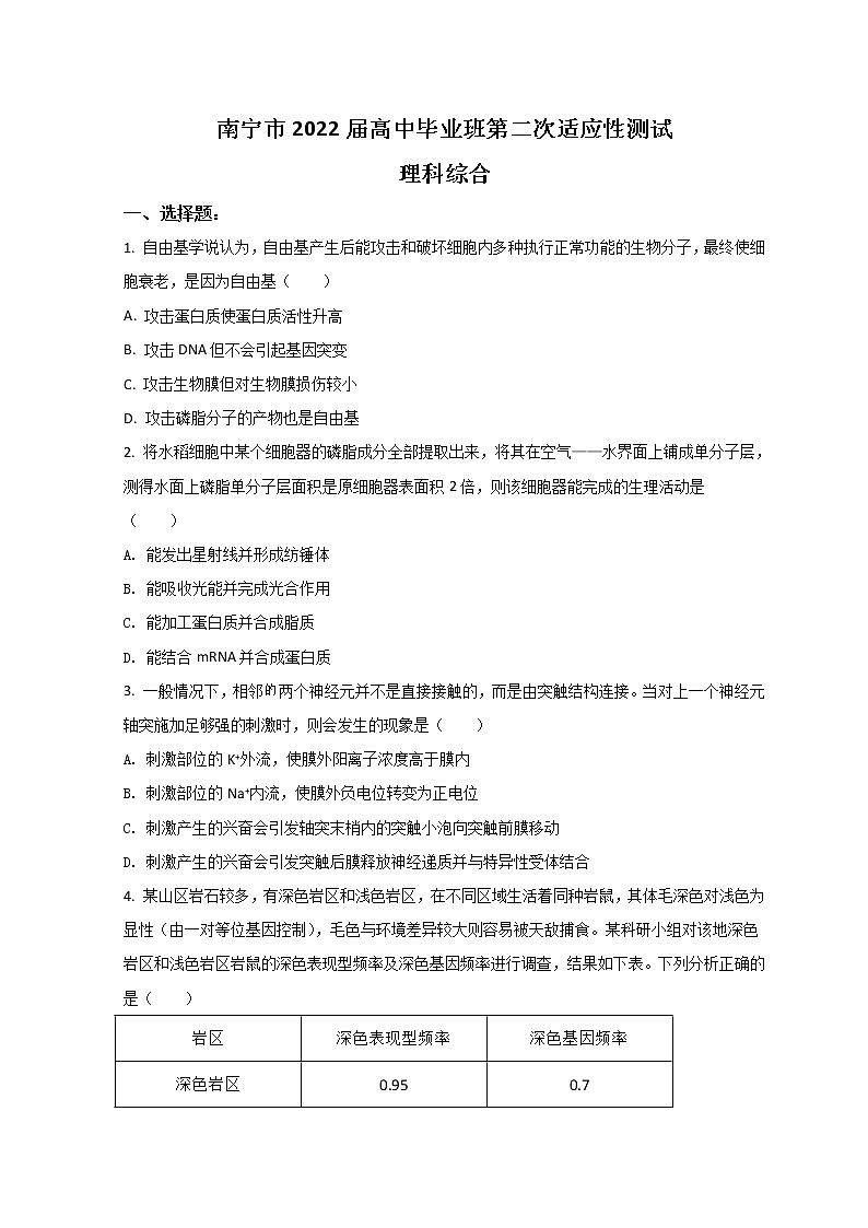 2022南宁高三下学期二模考试生物试题含答案第1页