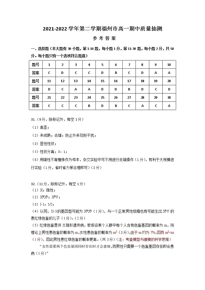 2022福州高一下学期期中质量抽测生物试题扫描版含答案01