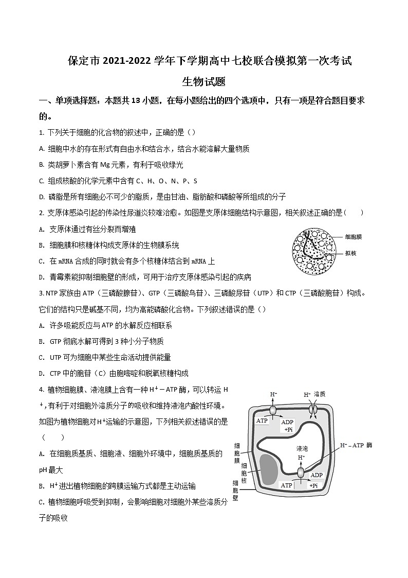 2022届河北省保定市七校高三下学期3月一模联考生物word版含答案练习题01
